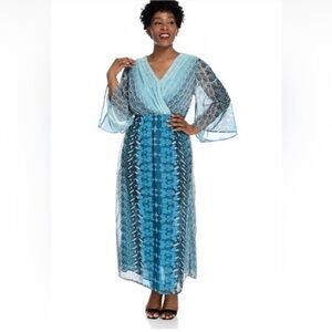 NWT JORGE PEREZ Turquoise Sequin Chiffon Long Sleeve Surplice Caftan Dre…